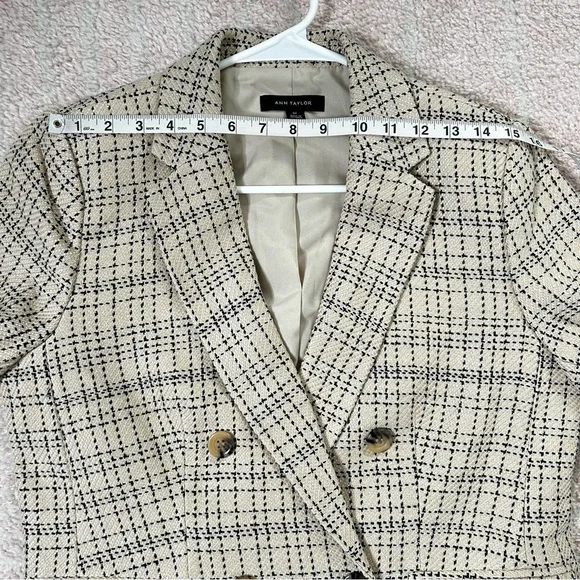 Ann Taylor Tan Navy Blue Cotton Blend Blazer Size 8P Fall Autumn Office Business - Picture 7 of 12